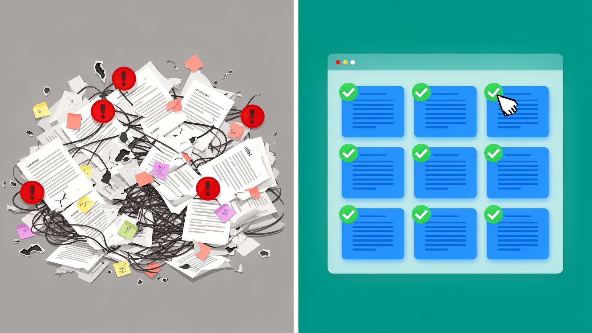 Before and after NexusSOP — chaotic stale docs versus organized monitored SOPs